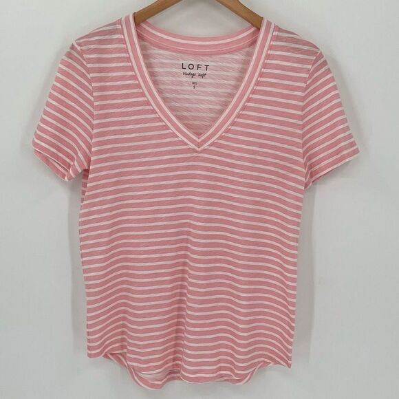 Loft Bundle Of 2 Everyday V-Neck Tee Coral Pink Stripe Women Small Very Soft - Picture 5 of 8